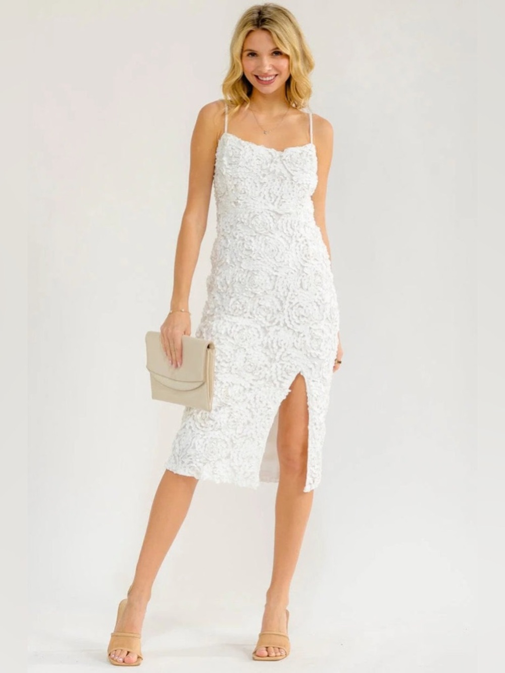 White Spaghetti Strap Floral Midi Dress